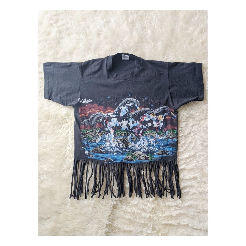 Vintage Black Santa Fe Horses Fringe Shirt